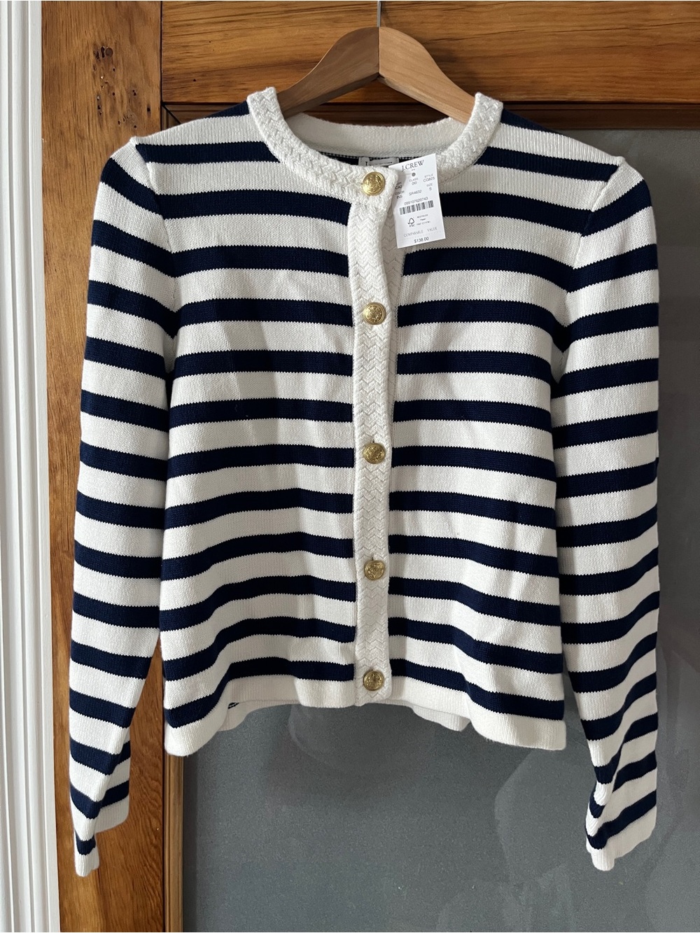 J. Crew Navy and White Striped Crewneck Cardigan